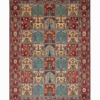 Full view of a 4' 5" x 6' 11" hand-knotted Persian Qom rug featuring a central floral medallion on a vibrant madder red field with ivory corner spandrels.