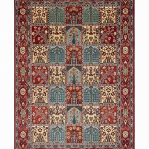 Full view of a 4' 5" x 6' 11" hand-knotted Persian Qom rug featuring a central floral medallion on a vibrant madder red field with ivory corner spandrels.