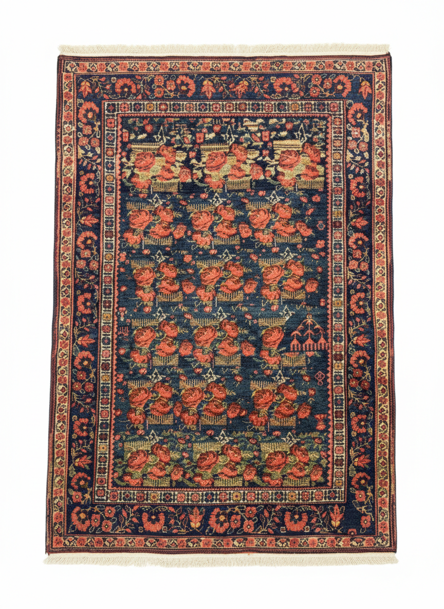 Full view of a 4' 9" x 6' 6" hand-knotted Persian Afshar wool rug featuring a traditional triple-diamond medallion on a deep crimson and indigo field.
