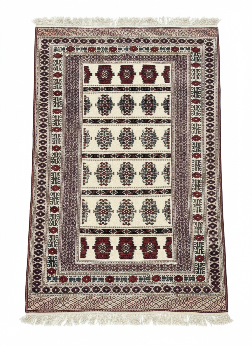 Hand-knotted tribal rug featuring ivory and cream central field with repeating burgundy and black geometric Gul medallions and a multi-layered ornamental border.