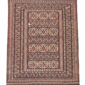 Full overhead view of a 4' 9" x 5' 11" hand-knotted Persian Sumak Kilim wool rug featuring a geometric tribal design with intricate bird and animal motifs.