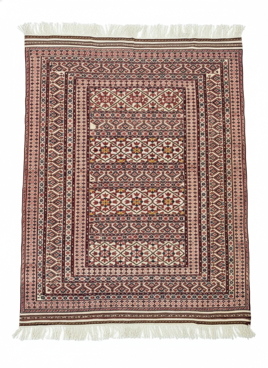 Full overhead view of a 4' 9" x 5' 11" hand-knotted Persian Sumak Kilim wool rug featuring a geometric tribal design with intricate bird and animal motifs.