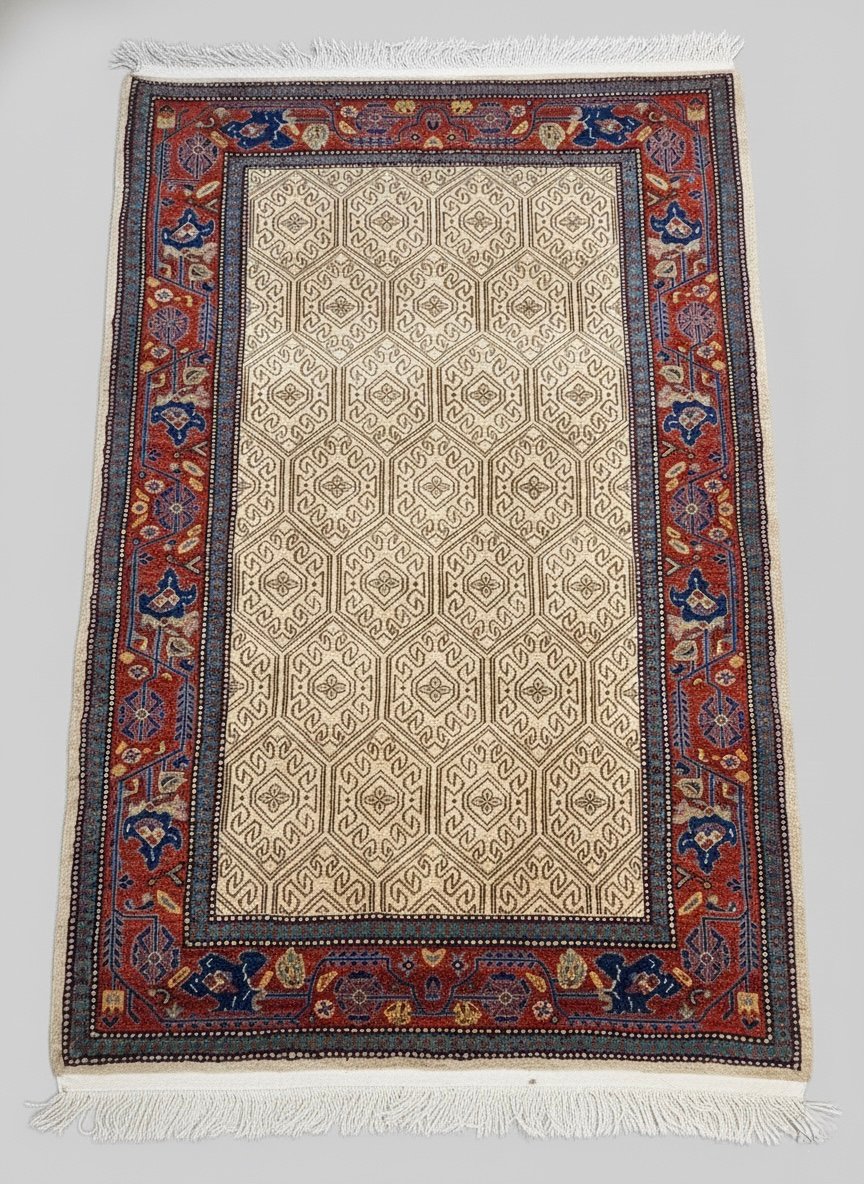 Hand-knotted Persian Malayer rug featuring a rich navy and terra cotta field with repeating geometric floral motifs and a sophisticated ivory border.