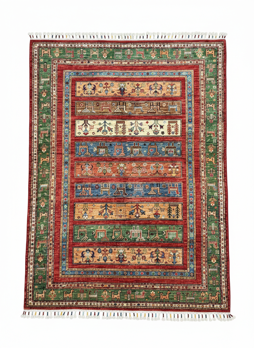 Full view of a 4' 11" x 6' 5" hand-knotted Afghan wool rug featuring a repeating "Gul" (elephant footprint) geometric pattern on a deep madder red field.