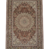 Full view of a 5' 1" x 7' 10" hand-knotted Chinese silk rug featuring a complex floral medallion and delicate scrolling vines on a shimmering field.