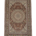 Full view of a 5' 1" x 7' 10" hand-knotted Chinese silk rug featuring a complex floral medallion and delicate scrolling vines on a shimmering field.
