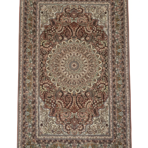 Full view of a 5' 1" x 7' 10" hand-knotted Chinese silk rug featuring a complex floral medallion and delicate scrolling vines on a shimmering field.