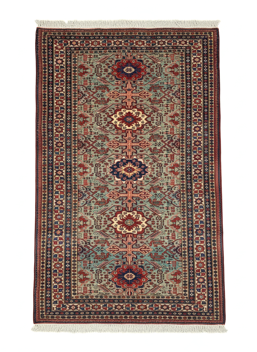 Full view of a 4' 7" x 7' 2" hand-knotted Persian Ardabil rug featuring a repeating geometric diamond medallion design on an ivory and terracotta field.