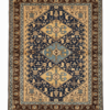 Full view of a 4' 10" x 6' 7" hand-knotted Persian Ghafghaz wool rug featuring three primary geometric medallions on a deep indigo and golden-tan field.