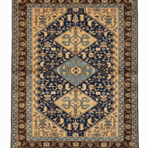 Full view of a 4' 10" x 6' 7" hand-knotted Persian Ghafghaz wool rug featuring three primary geometric medallions on a deep indigo and golden-tan field.