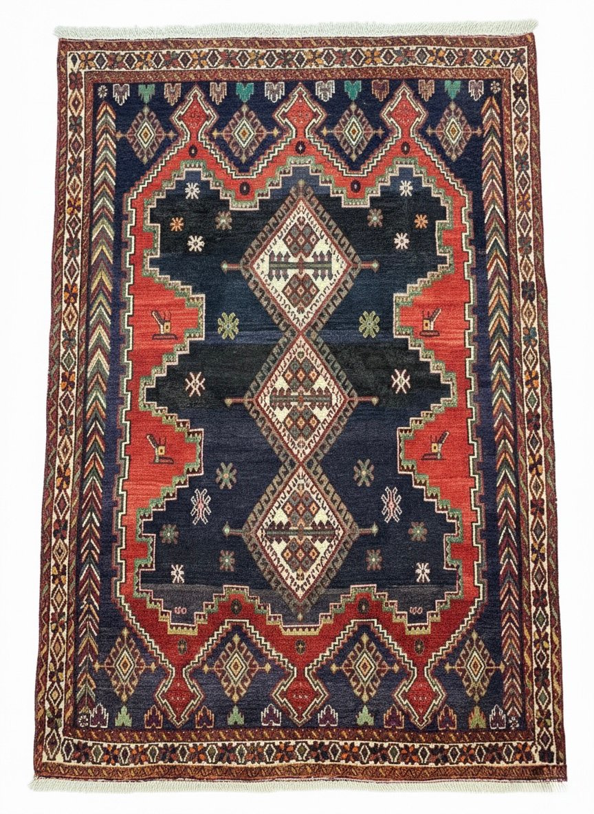 Full view of a 5' 3" x 6' 7" hand-knotted Persian Sirjan rug featuring a central diamond medallion on a deep navy and madder red field.
