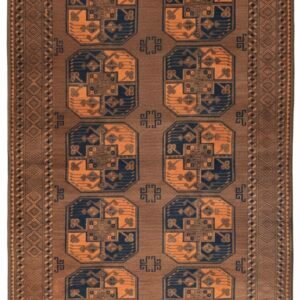 Full view of a 5' 3" x 6' 1" hand-knotted Turkmen wool rug with a repeating Bukhara Gul pattern on a deep mahogany red field.