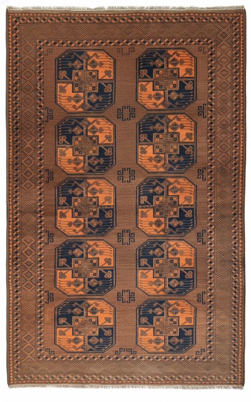 Full view of a 5' 3" x 6' 1" hand-knotted Turkmen wool rug with a repeating Bukhara Gul pattern on a deep mahogany red field.