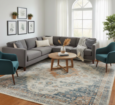 Living room interior featuring a grey L-shaped couch, teal velvet chairs, and a faded traditional rug on light wood floors.