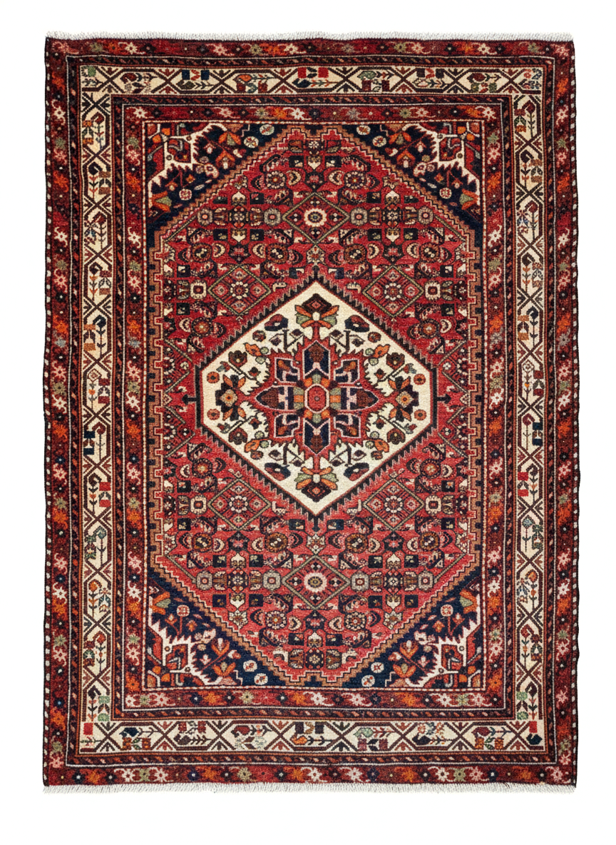 Full view of a 4' 11" x 6' 1" hand-knotted Persian Hamedan wool rug featuring a central geometric medallion on a vibrant madder red field.
