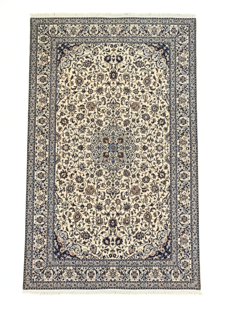 Full view of a 4' 12" x 7' 9" hand-knotted Persian Nain wool and silk rug featuring a central star medallion on an ivory field with navy blue borders.