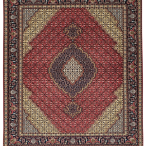 Full view of a 4' 11" x 6' 11" hand-knotted Persian Mahi rug featuring an all-over Herati (fish) pattern with a central diamond medallion.