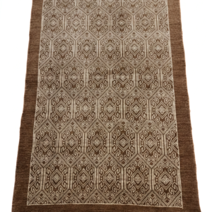 Full view of a 4' 4" x 6' 5" hand-knotted Persian Malayer wool rug with a central geometric medallion on a dark indigo and terracotta field.