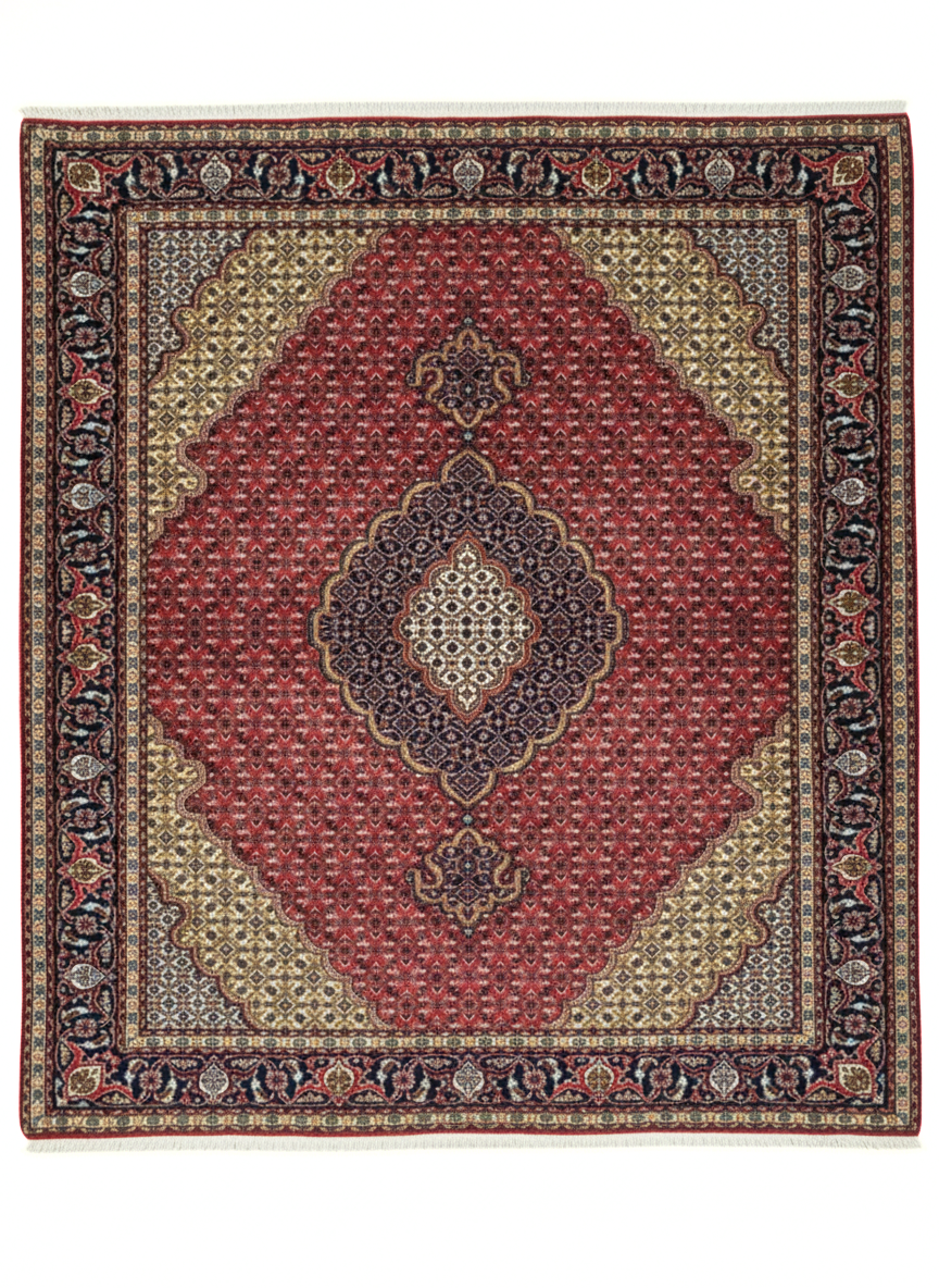 Full view of a 4' 11" x 6' 11" hand-knotted Persian Mahi rug featuring an all-over Herati (fish) pattern with a central diamond medallion.