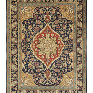 Full view of a 5' 7" x 6' 11" hand-knotted Persian Tabriz rug featuring an intricate central medallion on a cream and salmon-pink floral field.