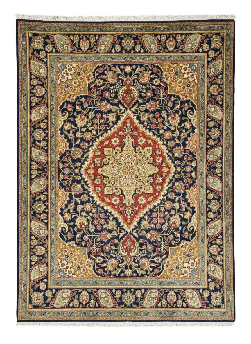 Full view of a 5' 7" x 6' 11" hand-knotted Persian Tabriz rug featuring an intricate central medallion on a cream and salmon-pink floral field.