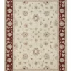 Full overhead view of a rectangular hand-knotted Afghan Chobi wool rug with a cream field and a bold burgundy floral border.