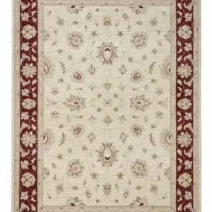 Full overhead view of a rectangular hand-knotted Afghan Chobi wool rug with a cream field and a bold burgundy floral border.