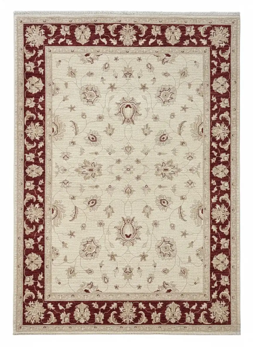 Full overhead view of a rectangular hand-knotted Afghan Chobi wool rug with a cream field and a bold burgundy floral border.