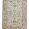 Full overhead view of a rectangular hand-knotted Afghan Chobi wool rug featuring a cream field with soft tan and burgundy floral patterns.