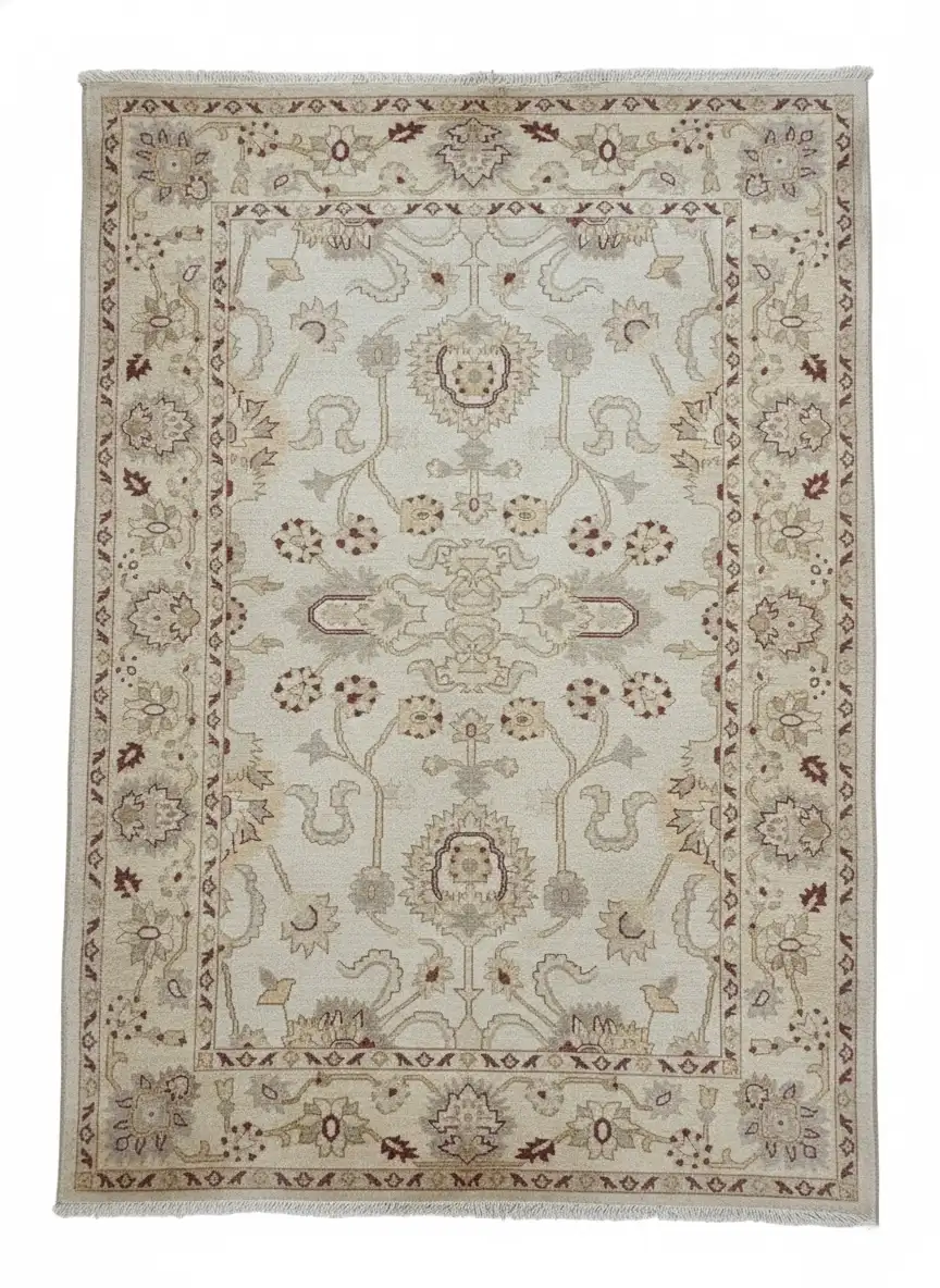 Full overhead view of a rectangular hand-knotted Afghan Chobi wool rug featuring a cream field with soft tan and burgundy floral patterns.