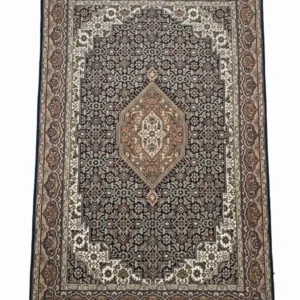 Full overhead view of a rectangular hand-knotted Indian Bijar wool rug featuring a dense navy field with a central tan diamond medallion and ornate borders.