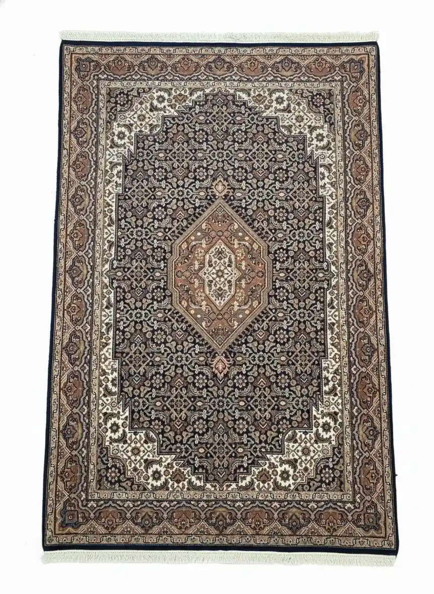 Full overhead view of a rectangular hand-knotted Indian Bijar wool rug featuring a dense navy field with a central tan diamond medallion and ornate borders.
