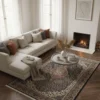 Bright modern living room with a fireplace and white sofa, featuring Hand Knotted Indian Bijar Wool Rug - 5' x 7' wool rug on light floors.