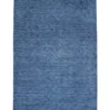 Full overhead view of a rectangular hand-knotted Indian Gabbeh wool rug in a solid denim blue with subtle abrash color variations.
