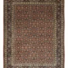 Full overhead view of a rectangular hand-knotted Indian wool rug with a rich red field and a dense all-over floral pattern.