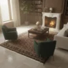 Formal library setting with a fireplace, bookshelves, and dark wood furniture, featuring a 5'1" x 6'1" red Indian wool rug under a coffee table.