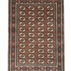 Full overhead view of a rectangular hand-knotted Indian wool rug with a rich burgundy field and an all-over repeating geometric medallion pattern.