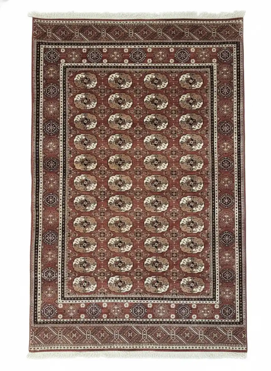 Full overhead view of a rectangular hand-knotted Indian wool rug with a rich burgundy field and an all-over repeating geometric medallion pattern.