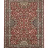 Full overhead view of a rectangular hand-knotted Indian wool rug with a rich red field and dense all-over ivory and blue floral patterns.