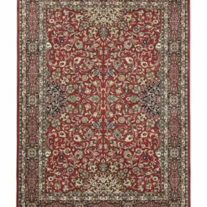 Full overhead view of a rectangular hand-knotted Indian wool rug with a rich red field and dense all-over ivory and blue floral patterns.