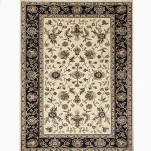Full overhead view of a rectangular hand-knotted Indian wool rug featuring an ivory field with symmetrical floral sprays and an ornate navy blue border.