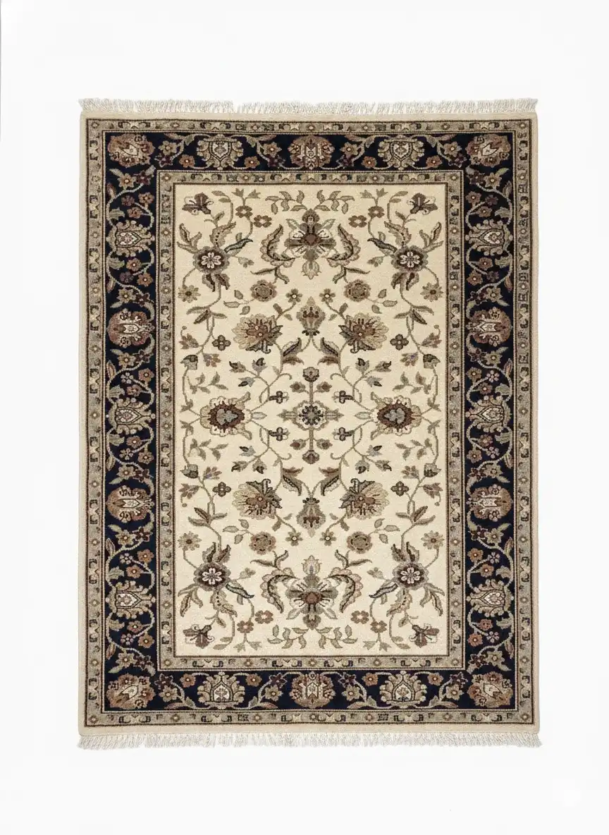 Full overhead view of a rectangular hand-knotted Indian wool rug featuring an ivory field with symmetrical floral sprays and an ornate navy blue border.