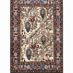 Full overhead view of a rectangular hand-knotted Persian Bakhtiar wool rug featuring a cream field with large, stylized floral sprays and a vibrant blue border.