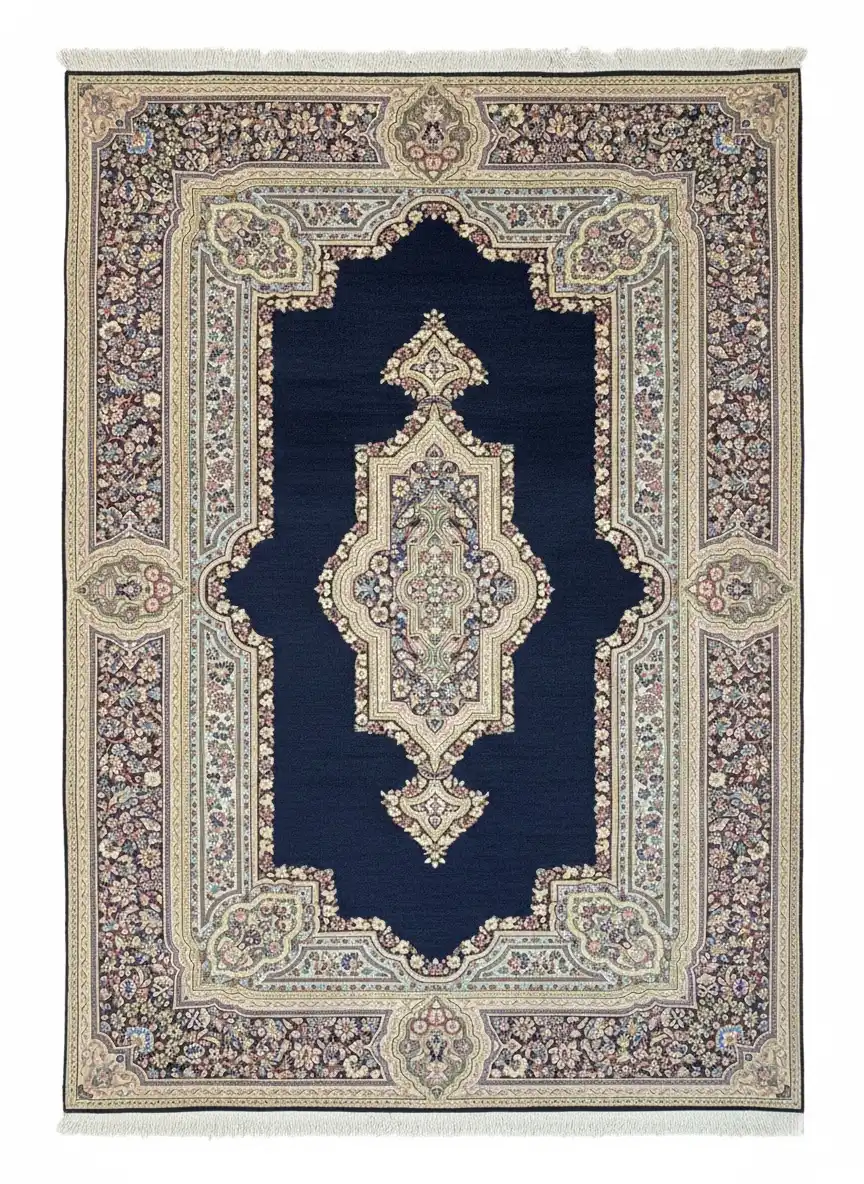 Full overhead view of a rectangular hand-knotted Persian Kerman wool rug with a deep navy blue field and a large ornate ivory and pink central medallion.