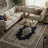 Modern living room with dark hardwood floors and a white sectional sofa, featuring a 4'1" x 7'1" navy Persian Kerman wool rug under a rustic wood table.