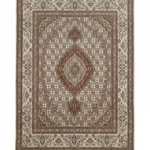 Full overhead view of a rectangular hand-knotted Persian Mahi wool rug with a cream field, central rust-colored diamond medallion, and intricate all-over floral patterns.