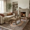 Bright modern living room with a fireplace and dark wood herringbone floors, featuring a 4'1" x 6'7" peach Russian Ghafghaz rug under a rustic coffee table.