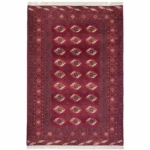 Full overhead view of a rectangular hand-knotted Turkmen wool rug featuring a deep burgundy field with repeating orange and white Gul medallions.