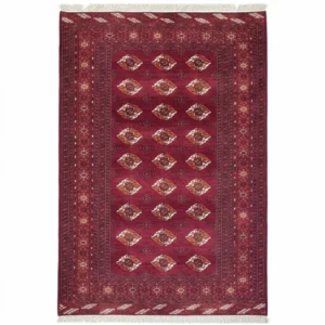 Full overhead view of a rectangular hand-knotted Turkmen wool rug featuring a deep burgundy field with repeating orange and white Gul medallions.