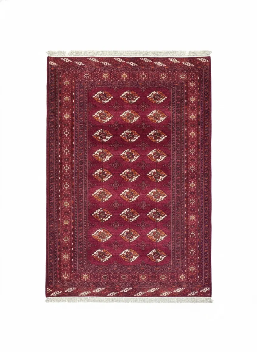 Full overhead view of a rectangular hand-knotted Turkmen wool rug featuring a deep burgundy field with repeating orange and white Gul medallions.